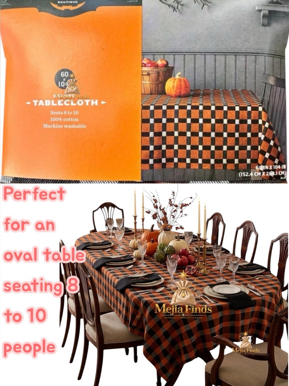 Orange and Black Buffalo Check Cotton Tablecloth - Seats 8-10